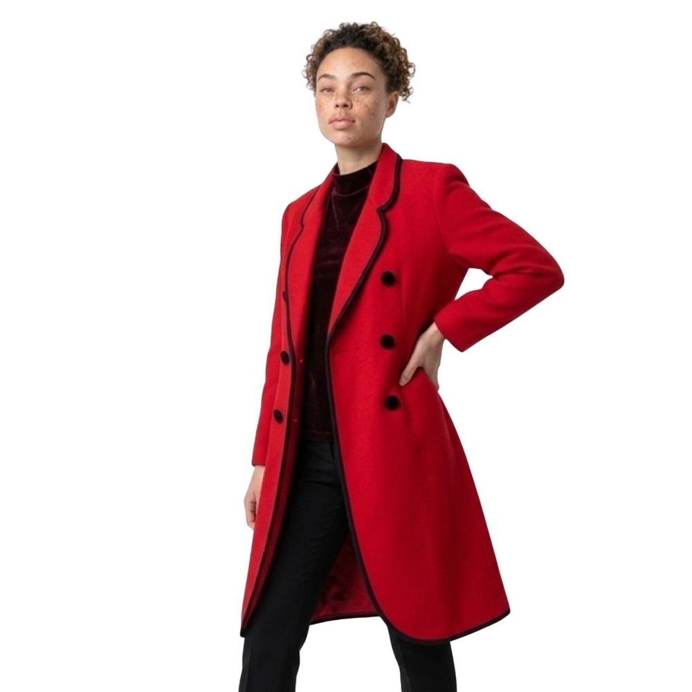 Cindy pour Le‎ Boff Red Double Breasted Long Coat Black Trim Vintage Womens 12
